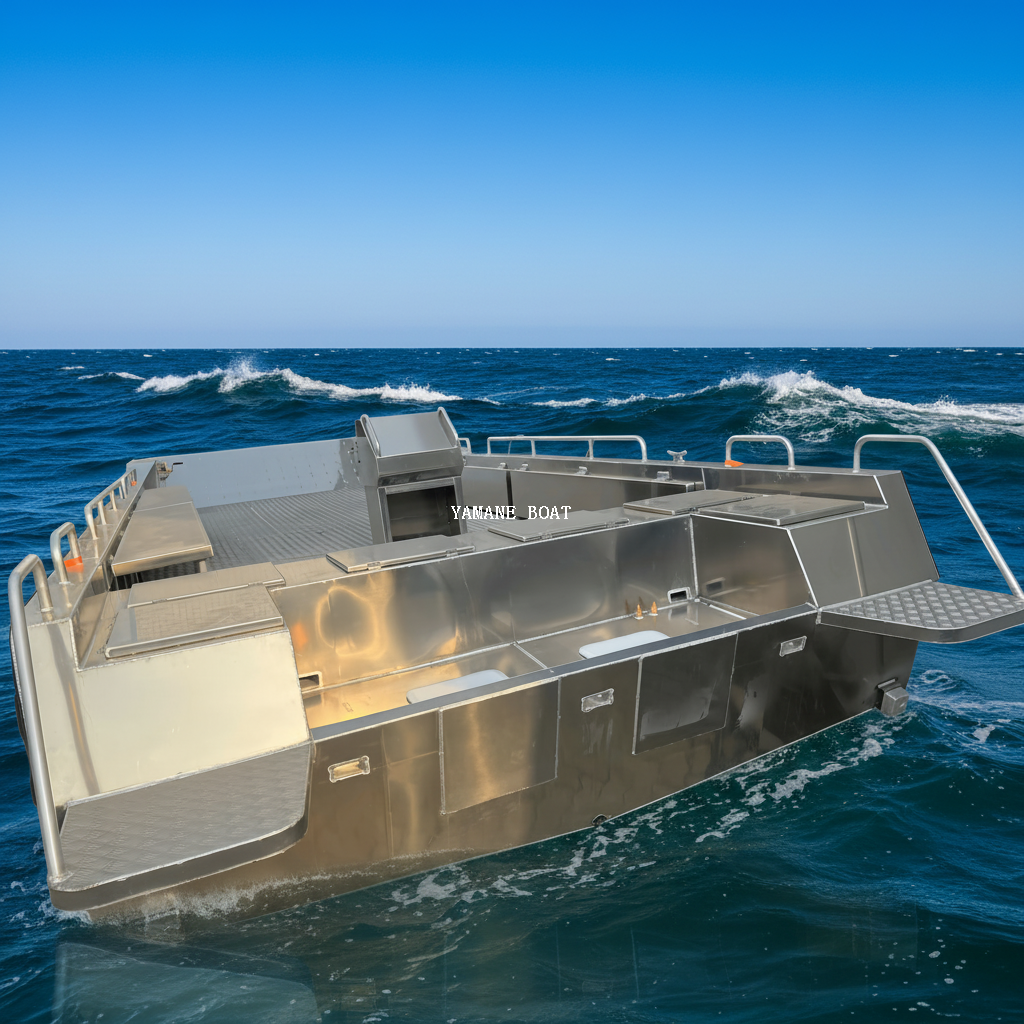 Péniche de débarquement en aluminium de 10 m avec banquettes rabattables gauche et droite avec grand réservoir de carburant 