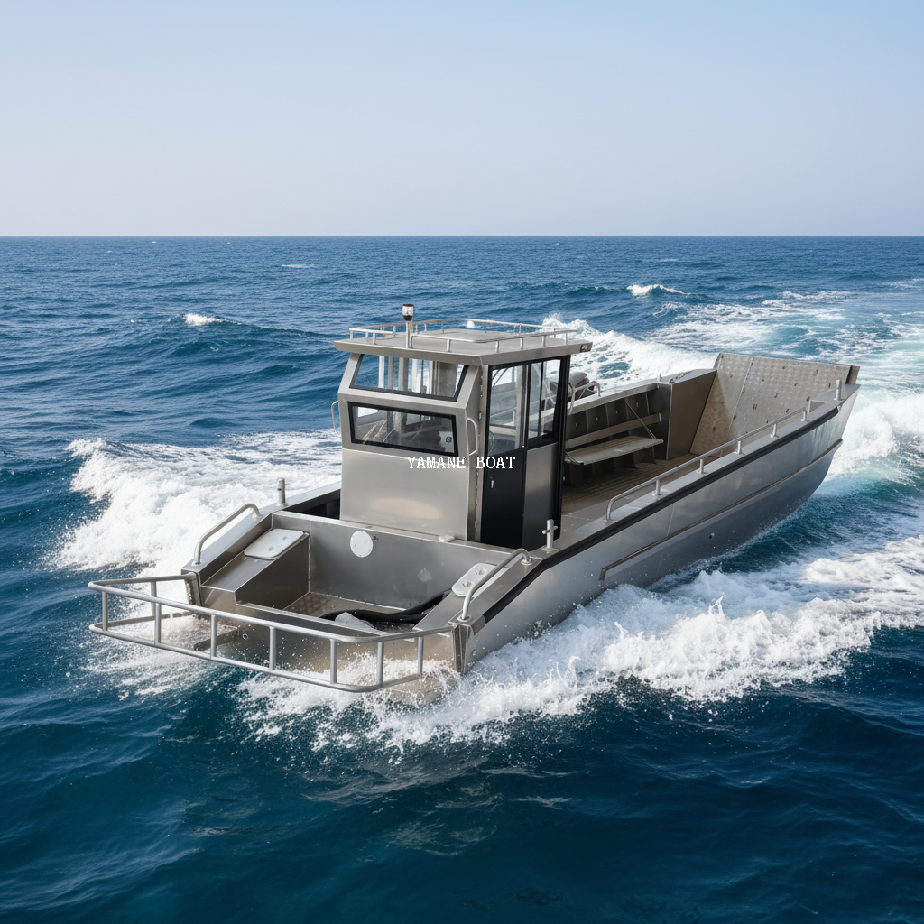 Bateau de débarquement en aluminium soudé de 33 pieds avec timonerie et banquettes longues repliables 